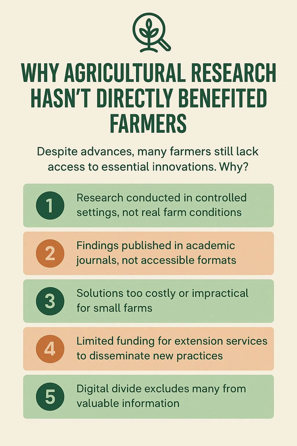 Infographic on why agricultural research often does not reach farmers